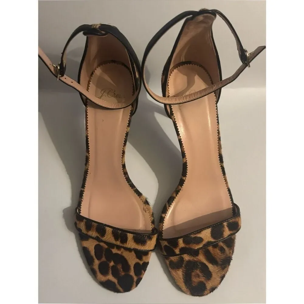 J. Crew Riley Sandals in Leopard Calf Hair With Glitter Sole Size 11 ~ excellent